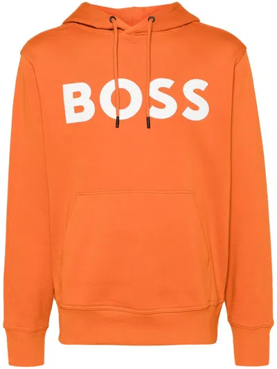 Hugo Boss Contrast-logo Cotton-terry Hoodie In Orange