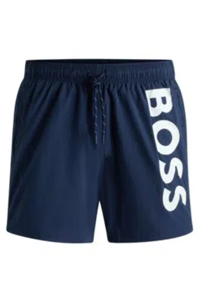 Hugo Boss Contrast-logo Swim Shorts In Quick-drying Fabric In Dark Blue