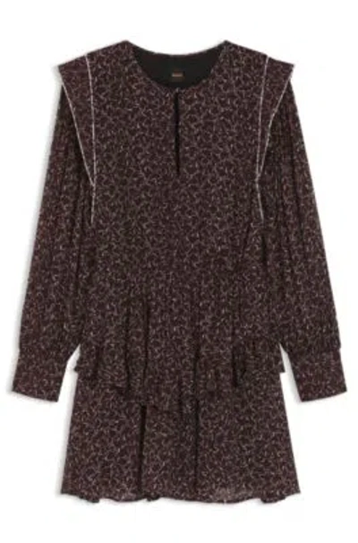 Hugo Boss Contrast-piping Mini Dress With Modern Print In Brown