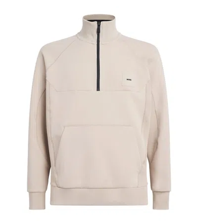 Hugo Boss Cotton-blend Half-zip Sweatshirt In Beige