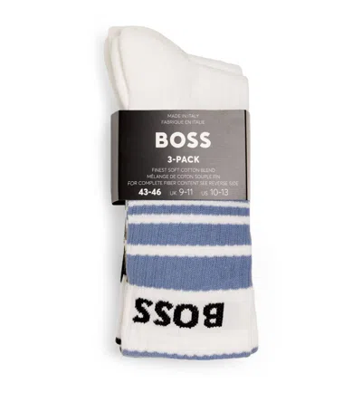 Hugo Boss Boss Cotton-blend Striped Logo Socks (pack Of 3) In White