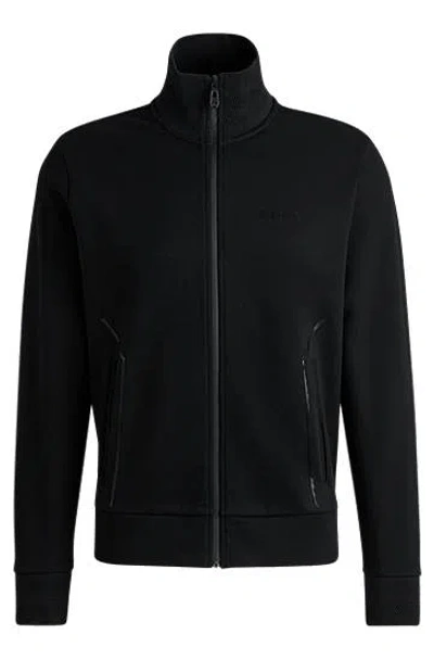 Hugo Boss Cotton-blend Sweatshirt With Jacquard Collar And Cuffs In Black