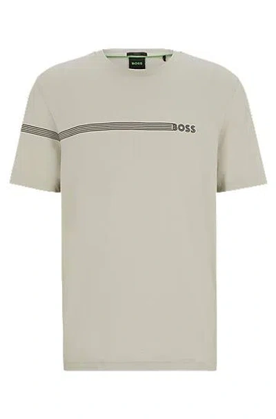 Hugo Boss Cotton-blend T-shirt With Stripes And Logo In Beige