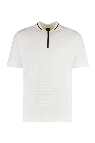 Hugo Boss Cotton Blend With Zipper Collar Polo In White