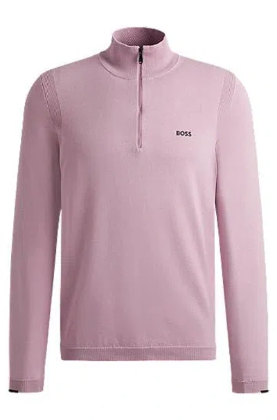 Hugo Boss Cotton-blend Zip-neck Sweater With Logo Print In Pink