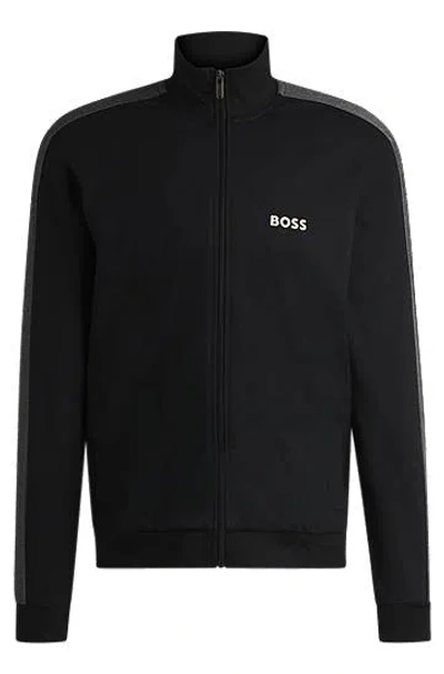 Hugo Boss Cotton-blend Zip-up Jacket With Foil-printed Logo In Black