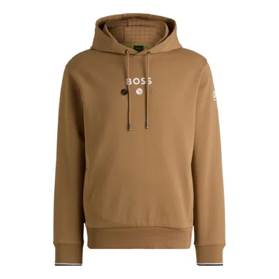 Hugo Boss Cotton Hoodie With Tennis Artwork In Beige
