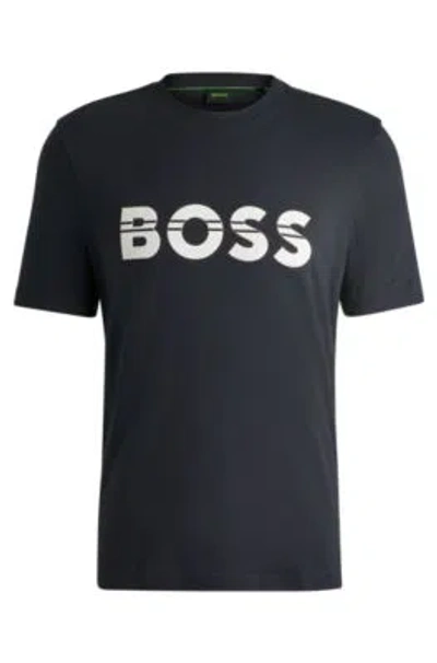 Hugo Boss Cotton-jersey Regular-fit T-shirt With Logo Artwork In Dark Blue