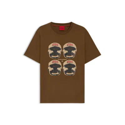 Hugo Boss Cotton-jersey T-shirt With Boxing Artwork In Brown