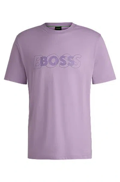 Hugo Boss Cotton-jersey T-shirt With Double Logo Artwork In Light/pastel Purple