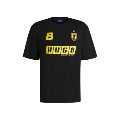 Hugo Boss Cotton-jersey T-shirt With Football-inspired Prints In Black