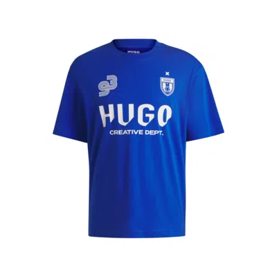 Hugo Boss Cotton-jersey T-shirt With Football-inspired Prints In Blue