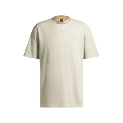 Hugo Boss Cotton-jersey T-shirt With Jungle-artwork Collar In Beige