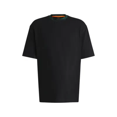 Hugo Boss Cotton-jersey T-shirt With Jungle-artwork Collar In Black