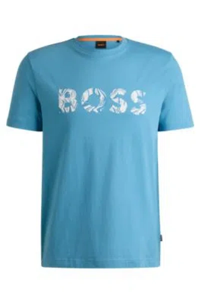Hugo Boss Cotton-jersey T-shirt With Logo Print In Light Blue