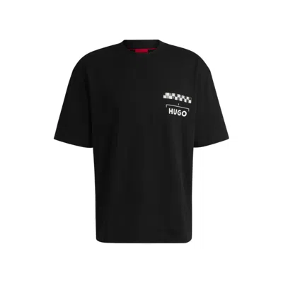Hugo Boss Cotton-jersey T-shirt With Racing Prints In Black
