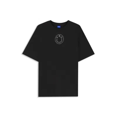 Hugo Boss Cotton-jersey T-shirt With Rhinestone Happy Hugo In Black