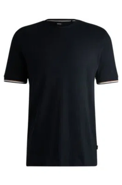 Hugo Boss Cotton-jersey T-shirt With Signature-stripe Cuffs In Black