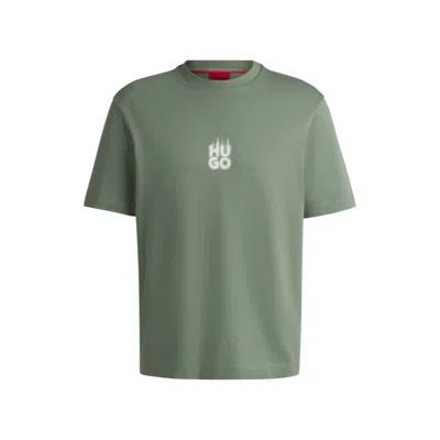 Hugo Boss Cotton-jersey T-shirt With Stacked Smoke Logo Prints In Green