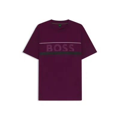 Hugo Boss Cotton-jersey T-shirt With Stripes And Logo In Purple