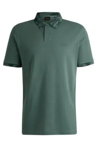 Hugo Boss Cotton-piqu Polo Shirt With Camouflage-print Trims In Light Green