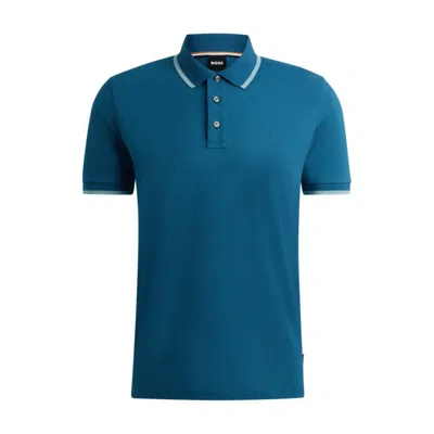 Hugo Boss Cotton-piqu Polo Shirt With Rubber-print Logo In Light Blue
