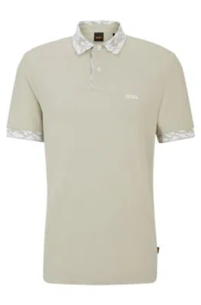 Hugo Boss Cotton-piqu Polo Shirt With Patterned Trims In Light Beige