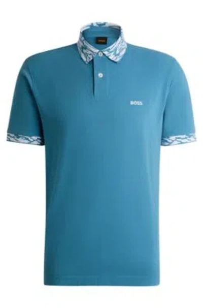 Hugo Boss Cotton-piqu Polo Shirt With Patterned Trims In Light Blue