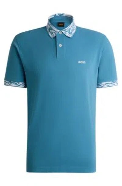 Hugo Boss Cotton-piqu Polo Shirt With Patterned Trims In Blu