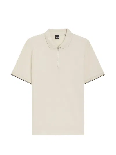 Hugo Boss Off White Solid Shirt Collar Polo In Neutral