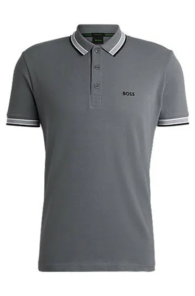 Hugo Boss Cotton-piqué Paddy Polo Shirt With Contrast Logo In Gray