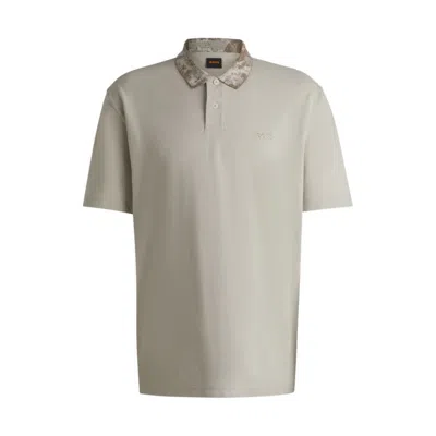 Hugo Boss Cotton-piqué Polo Shirt With Jungle-artwork Collar In Beige