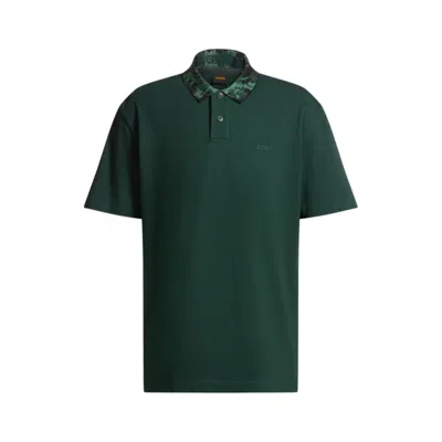 Hugo Boss Cotton-piqué Polo Shirt With Jungle-artwork Collar In Green
