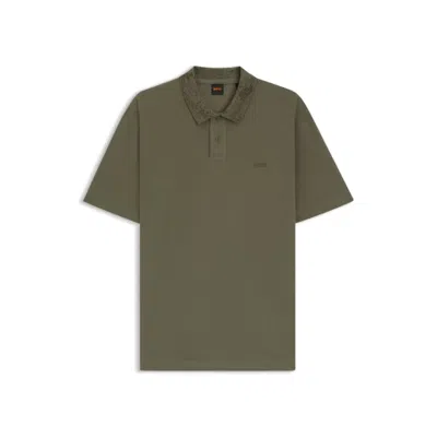 Hugo Boss Cotton-piqué Polo Shirt With Patterned Collar In Green