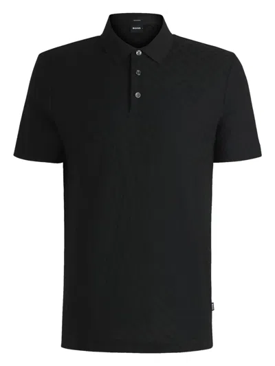 Hugo Boss Mercerized-cotton Polo Shirt With Jacquard Pattern In Black
