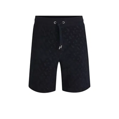 Hugo Boss Cotton Shorts With All-over Monogram Jacquard In Blue