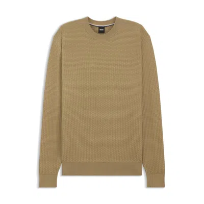 Hugo Boss Cotton Sweater With Knitted Structure In Brown