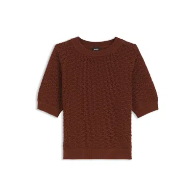 Hugo Boss Cotton Sweater With Micro-lace Structure In Brown