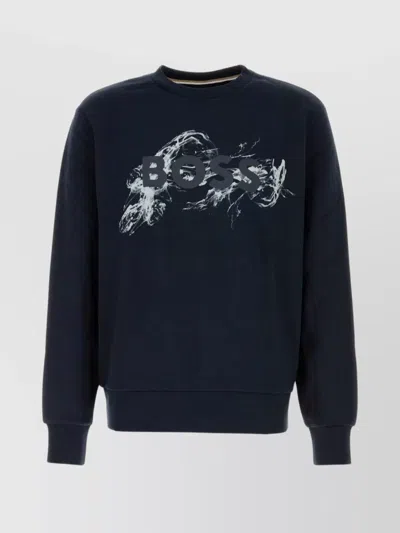 Hugo Boss Cotton Sweatshirt With Graphic Print And Crew Neck In Blue
