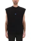 Hugo Boss Sleeveless Cotton-jersey T-shirt With Blue Logo Label In Black