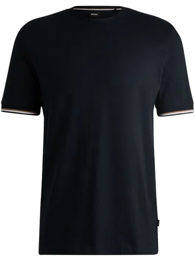 Hugo Boss Cotton-jersey T-shirt With Signature-stripe Cuffs In Dark Blue