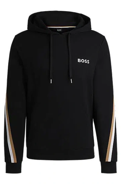 Hugo Boss Cotton-terry Hoodie With Signature-stripe Tape In Black