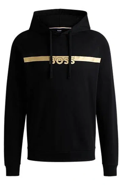 Hugo Boss Cotton-terry Regular-fit Hoodie With Foil-print Logo In Black