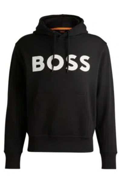 Hugo Boss Cotton-terry Relaxed-fit Hoodie With Contrast Logo In Black