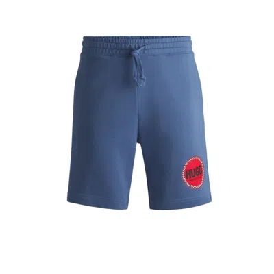 Hugo Boss Cotton-terry Relaxed-fit Shorts With Logo Print In Blue