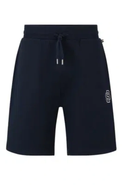 Hugo Boss Cotton-terry Shorts With Double Monogram And Drawstring In Dark Blue