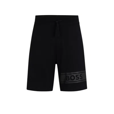 Hugo Boss Cotton-terry Shorts With Logo Print And Drawstring In Black
