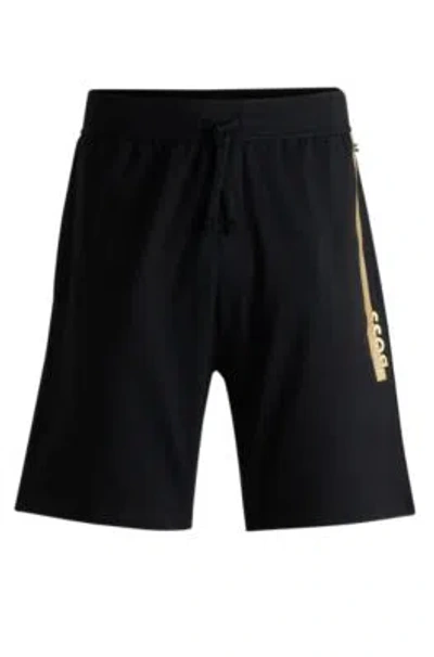 Hugo Boss Cotton-terry Shorts With Metallic Logo In Black