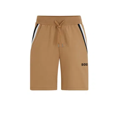 Hugo Boss Cotton-terry Shorts With Signature-stripe Tape In Beige