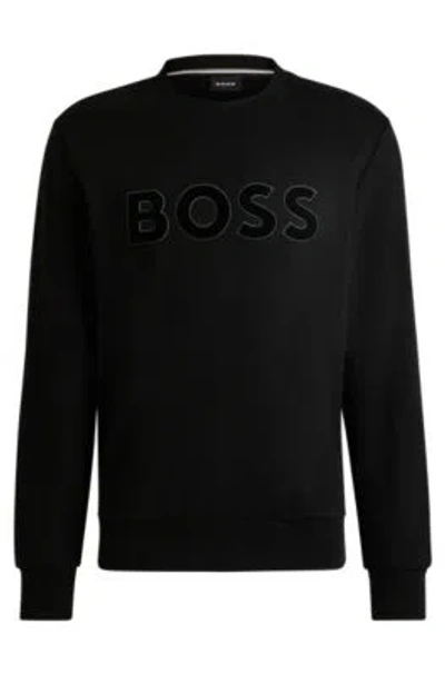 Hugo Boss Cotton-terry Sweatshirt With Flock-print Logo In Black